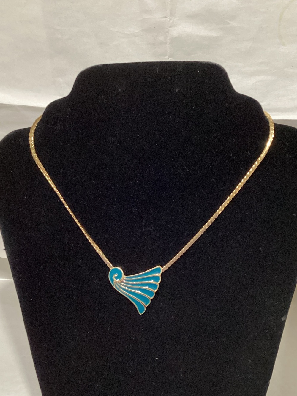 Trifari Gold Tone Necklace with Turquoise Enamel Fan Pendant